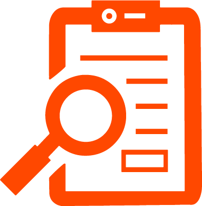 orange icon of clipboard with magnifying glass