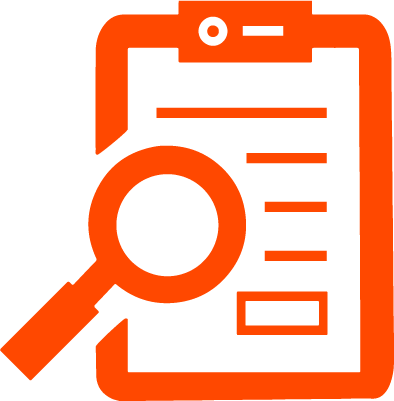 orange icon of clipboard with magnifying glass