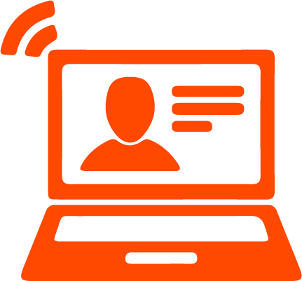 orange icon of laptop with a person on the screen